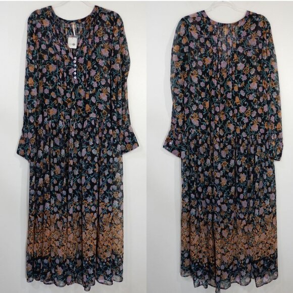 FREE PEOPLE See It Through Long Sleeve Maxi DRESS S M L Floral Black Combo NEW - Picture 10 of 14